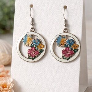 Vintage Cloisonné Floral Butterfly Dangle Earrings Enamel Boho